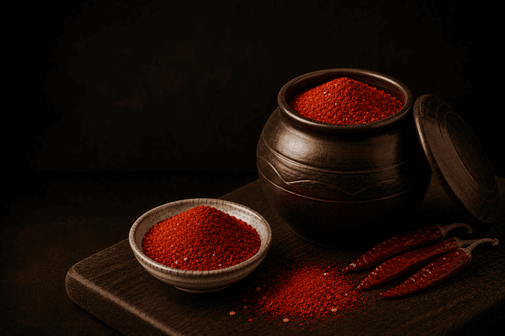 Korean gochugaru red pepper flakes in a dark bowl