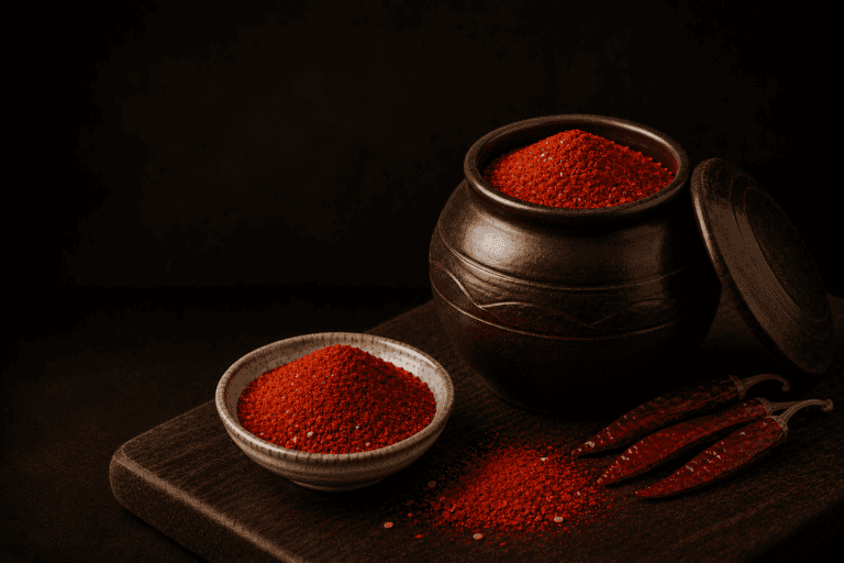 Korean gochugaru red pepper flakes in a dark bowl