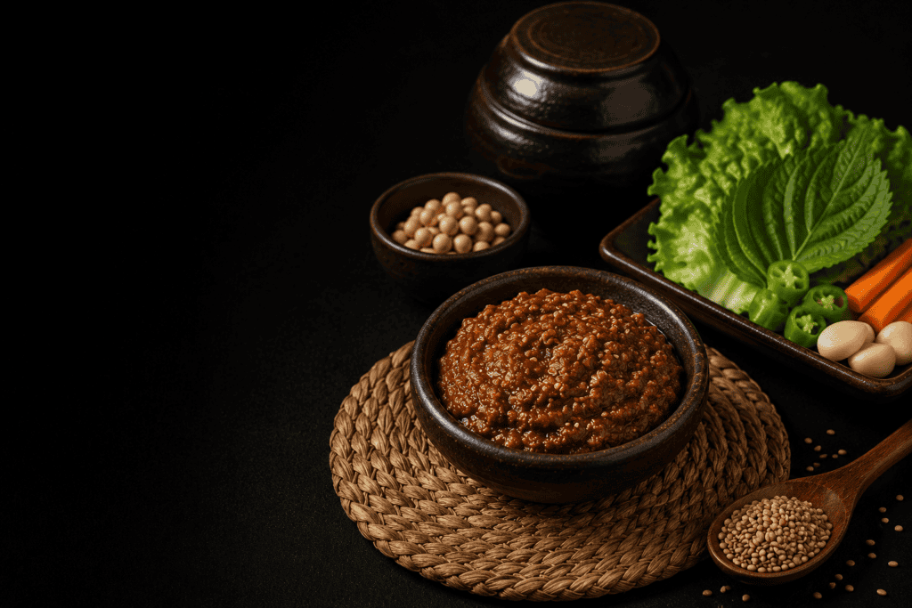 Korean ssamjang dipping sauce with lettuce, perilla leaves and fresh vegetables