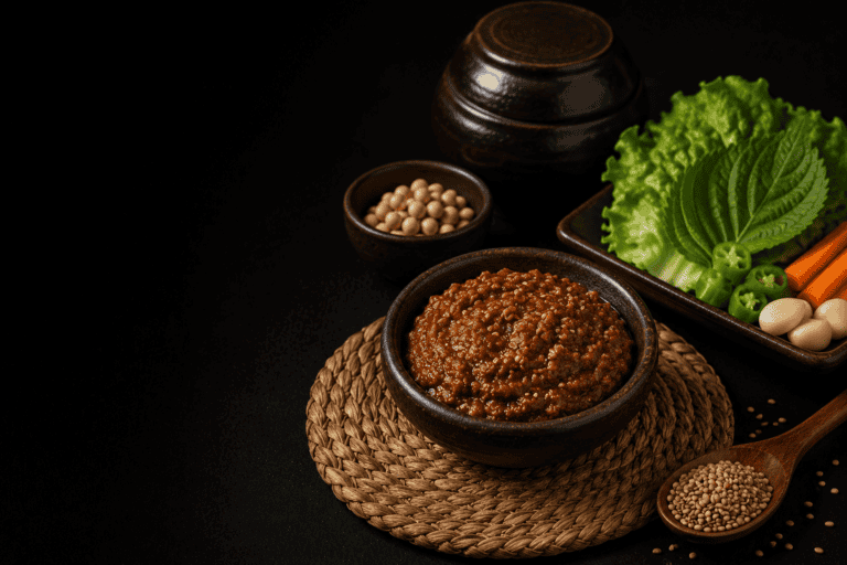 Korean ssamjang dipping sauce with lettuce, perilla leaves and fresh vegetables