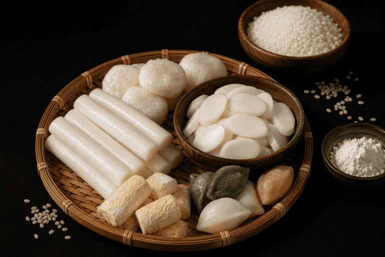 Traditional Korean tteok rice cakes arranged on a woven tray