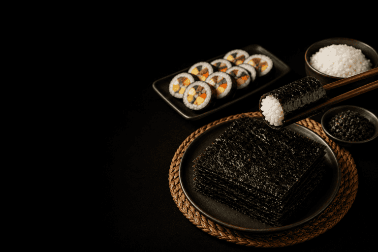 Traditional Korean gim seaweed sheets served with steamed rice